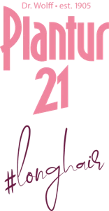 Logo for Plantur 21, established by Dr. Wolff in 1905. The design features bold pink lettering and includes the hashtag #longhair, emphasizing hair care for longer hair.