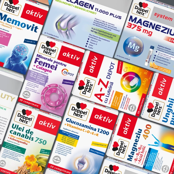 Imaginea prezintă o colecție de cutii de suplimente alimentare marca "Doppel Herz". Acestea includ produse pentru sănătatea articulațiilor, vitamine și minerale, disponibil în diferite forme, cum ar fi comprimate și capsule. Fiecare cutie are eticheta și indicația specifică pentru utilizare.